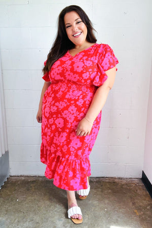 Remember Me Red & Pink Floral Print Smocked Waist Midi Dress - Coeur de la Mode