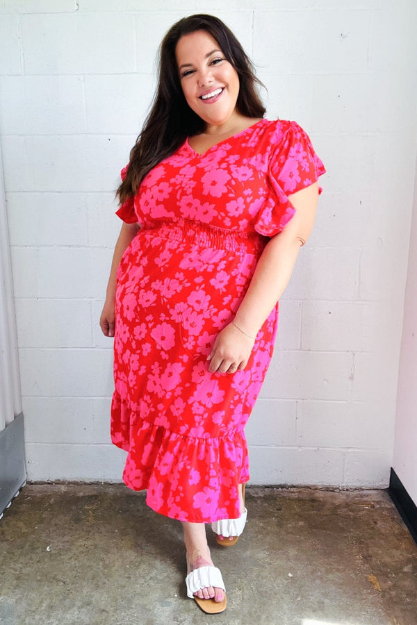 Remember Me Red & Pink Floral Print Smocked Waist Midi Dress - Coeur de la Mode