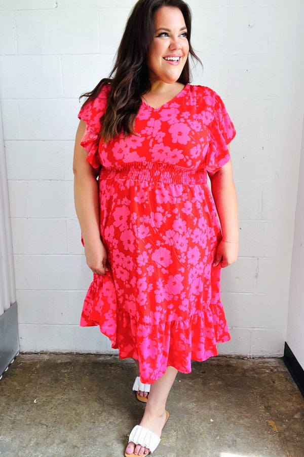 Remember Me Red & Pink Floral Print Smocked Waist Midi Dress - Coeur de la Mode