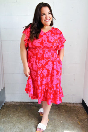 Remember Me Red & Pink Floral Print Smocked Waist Midi Dress - Coeur de la Mode