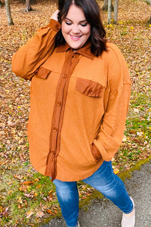 Rust Waffle Button Down Oversized Shacket - Coeur de la Mode