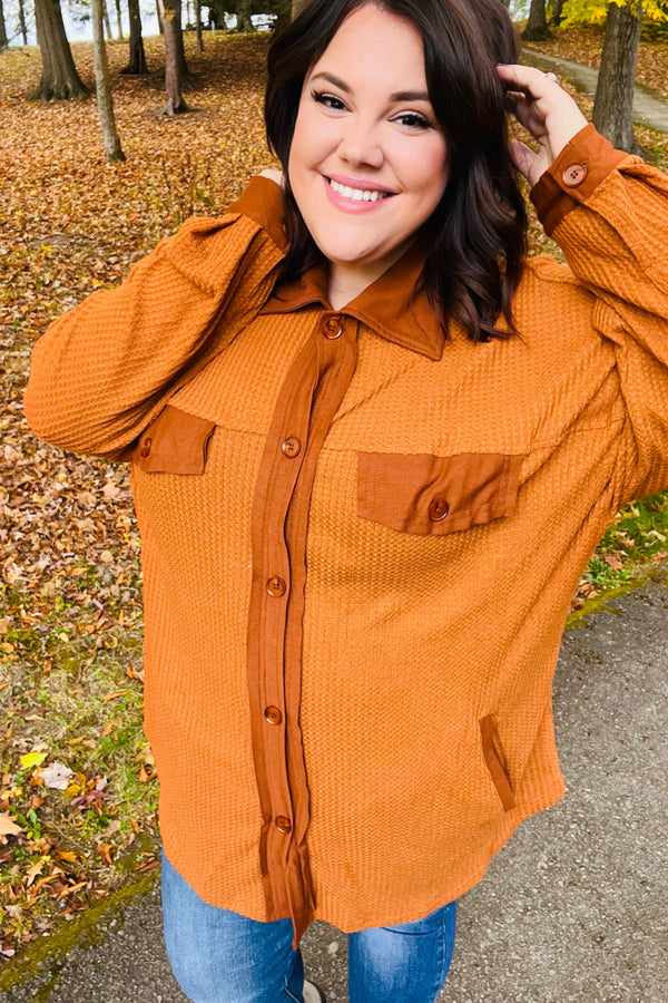 Rust Waffle Button Down Oversized Shacket - Coeur de la Mode