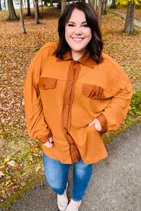 Rust Waffle Button Down Oversized Shacket - Coeur de la Mode