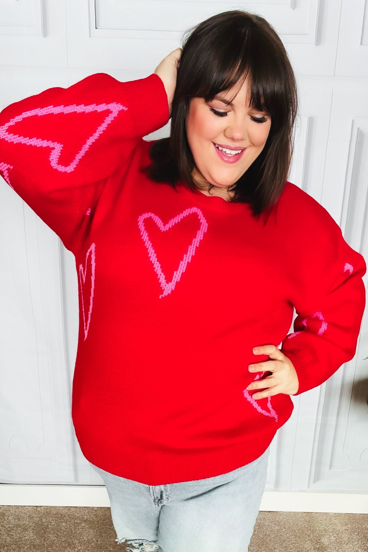 Make You Smile Red Heart Jacquard Oversized Sweater