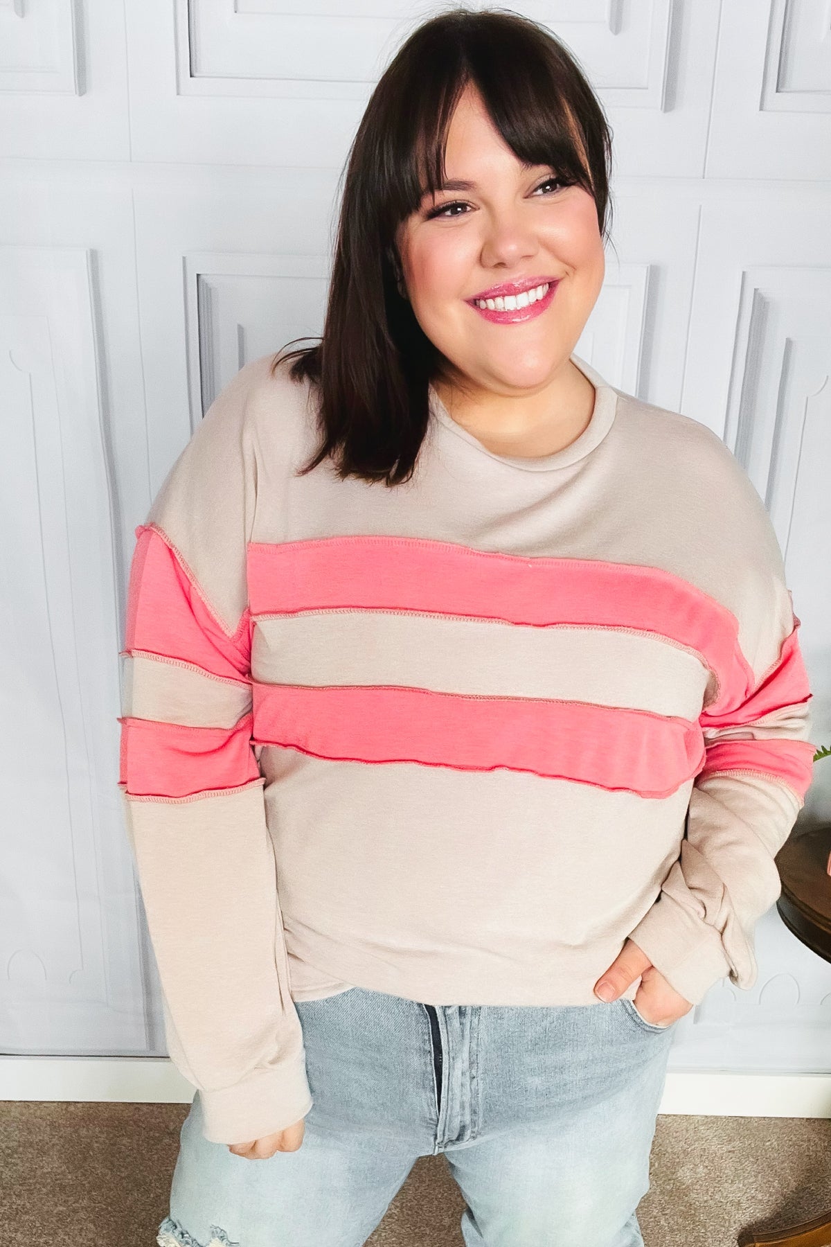 Rally Day Taupe & Coral Game Day Stripe Outseam Terry Top