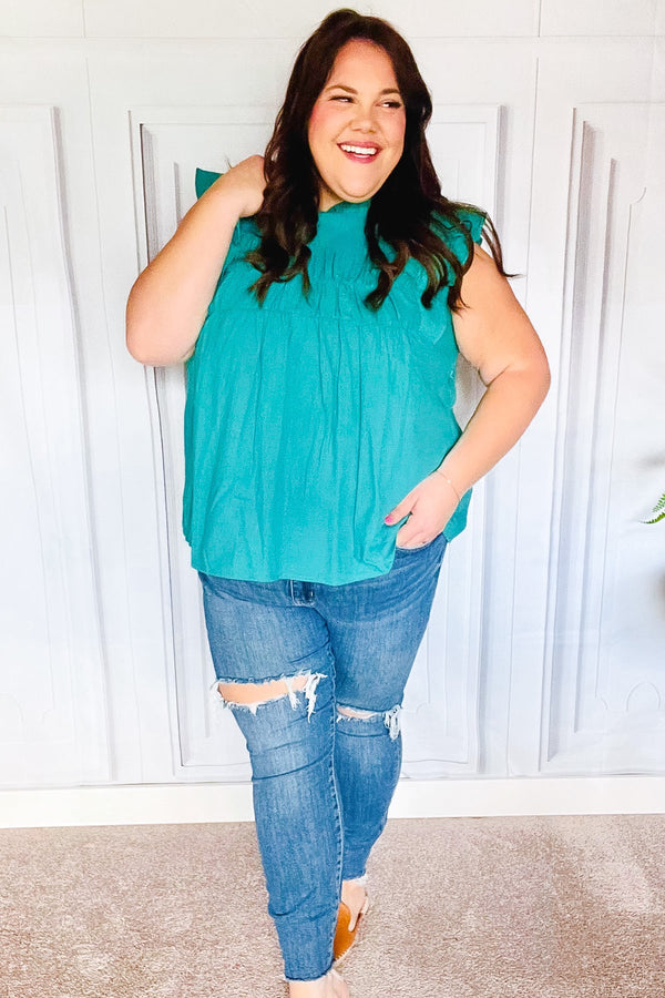 Love Life Cotton Turquoise Frill Mock Neck Flutter Sleeve Top - Coeur de la Mode