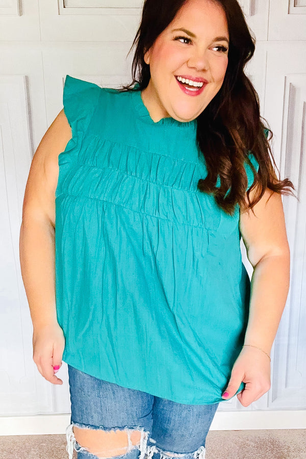 Love Life Cotton Turquoise Frill Mock Neck Flutter Sleeve Top - Coeur de la Mode