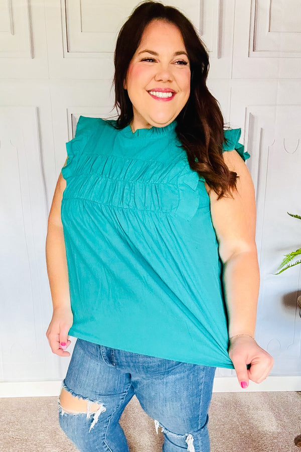 Love Life Cotton Turquoise Frill Mock Neck Flutter Sleeve Top - Coeur de la Mode