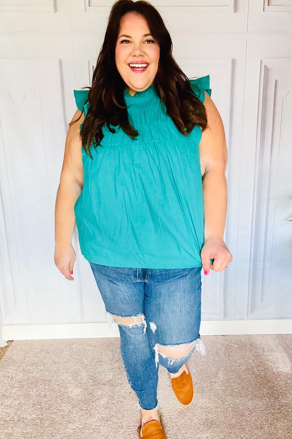 Love Life Cotton Turquoise Frill Mock Neck Flutter Sleeve Top - Coeur de la Mode