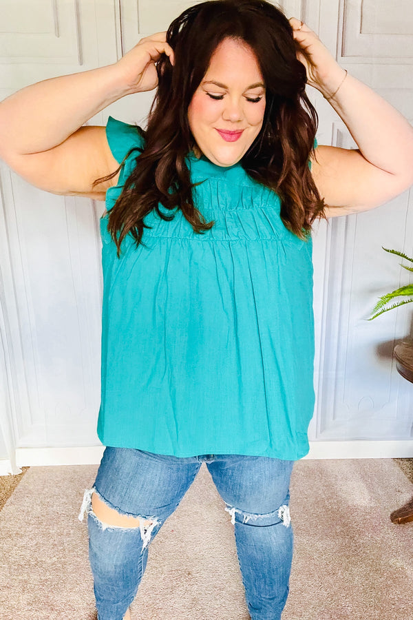 Love Life Cotton Turquoise Frill Mock Neck Flutter Sleeve Top - Coeur de la Mode