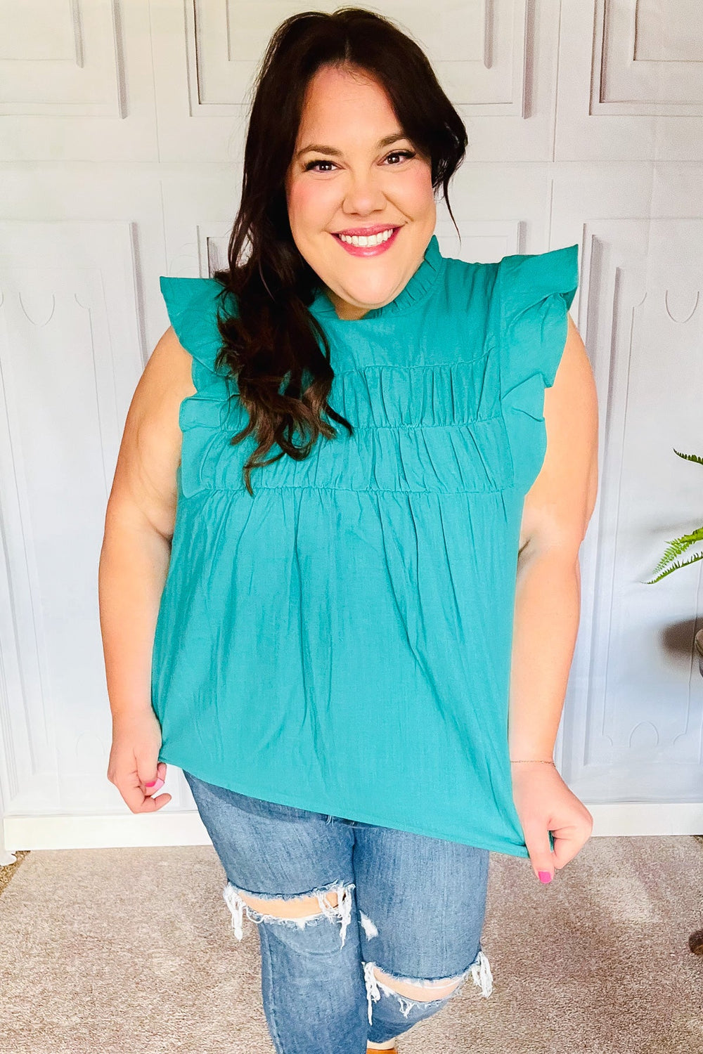 Love Life Cotton Turquoise Frill Mock Neck Flutter Sleeve Top - Coeur de la Mode