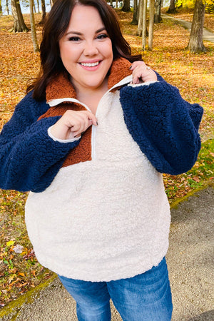 Seize The Day Navy & Taupe Quarter Zip Sherpa Pullover - Coeur de la Mode
