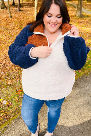 Seize The Day Navy & Taupe Quarter Zip Sherpa Pullover - Coeur de la Mode