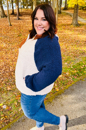 Seize The Day Navy & Taupe Quarter Zip Sherpa Pullover - Coeur de la Mode