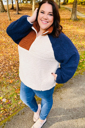 Seize The Day Navy & Taupe Quarter Zip Sherpa Pullover - Coeur de la Mode