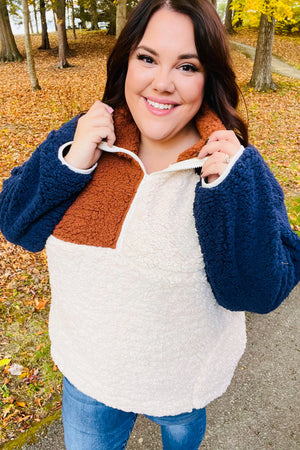 Seize The Day Navy & Taupe Quarter Zip Sherpa Pullover - Coeur de la Mode