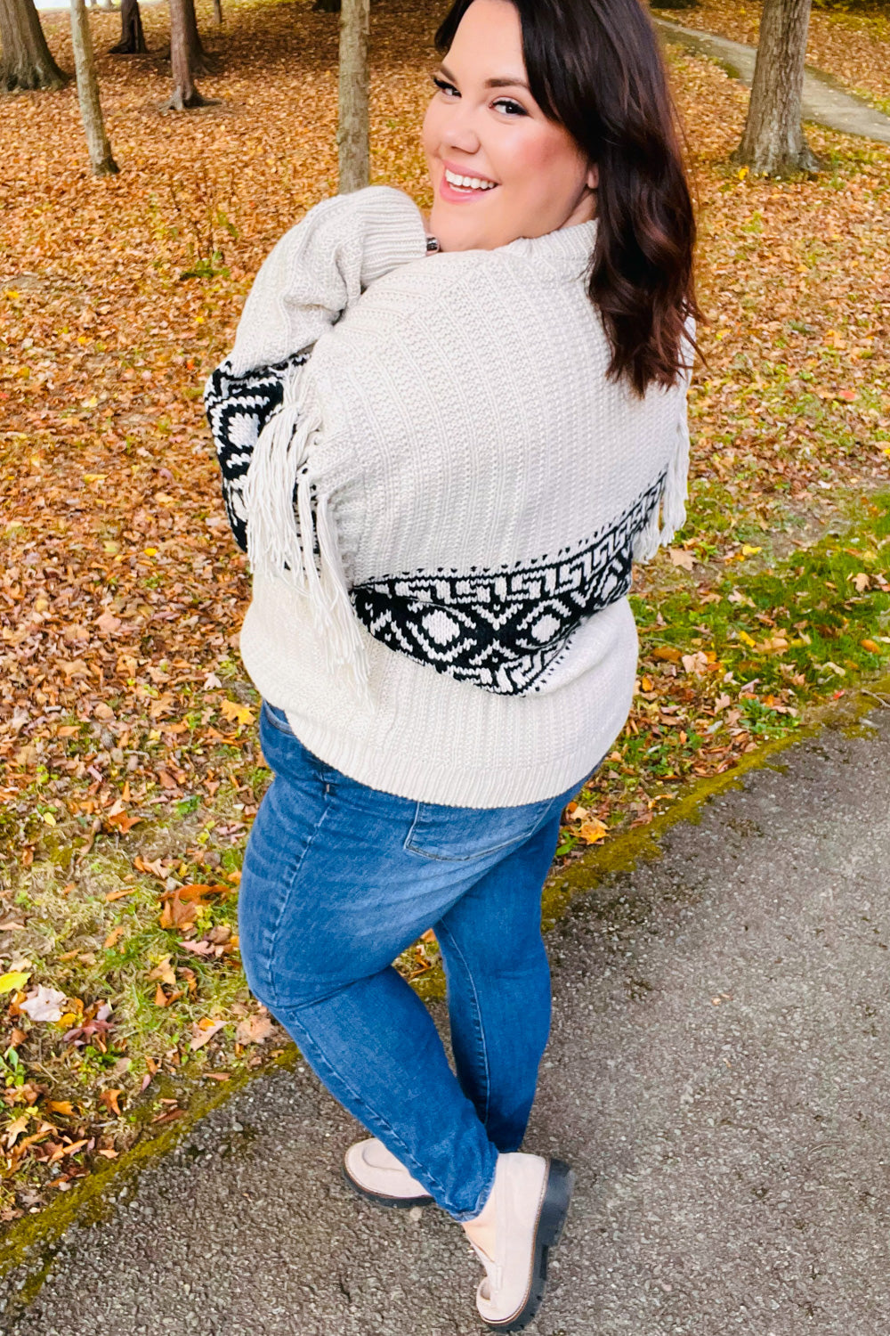 Ready For Anything Taupe & Black Tassel Aztec Sweater