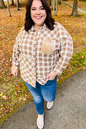 Taupe Plaid Velvet Pocket Button Down Top - Coeur de la Mode