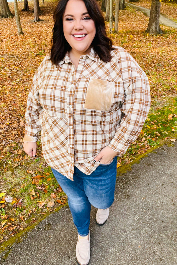 Taupe Plaid Velvet Pocket Button Down Top - Coeur de la Mode