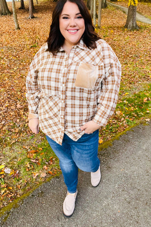 Taupe Plaid Velvet Pocket Button Down Top - Coeur de la Mode