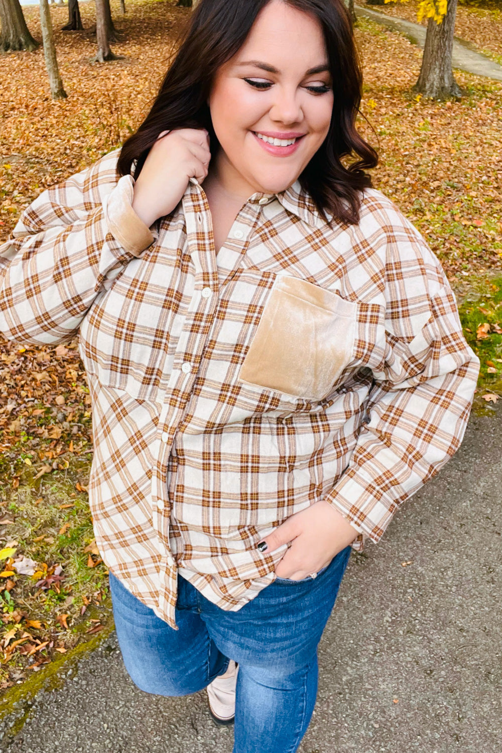 Taupe Plaid Velvet Pocket Button Down Top - Coeur de la Mode