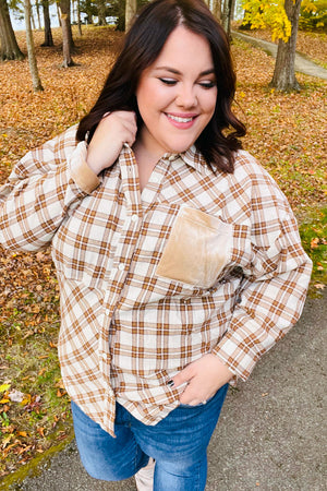 Taupe Plaid Velvet Pocket Button Down Top - Coeur de la Mode