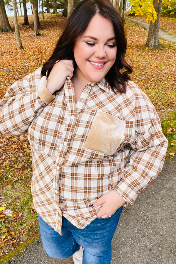 Taupe Plaid Velvet Pocket Button Down Top - Coeur de la Mode