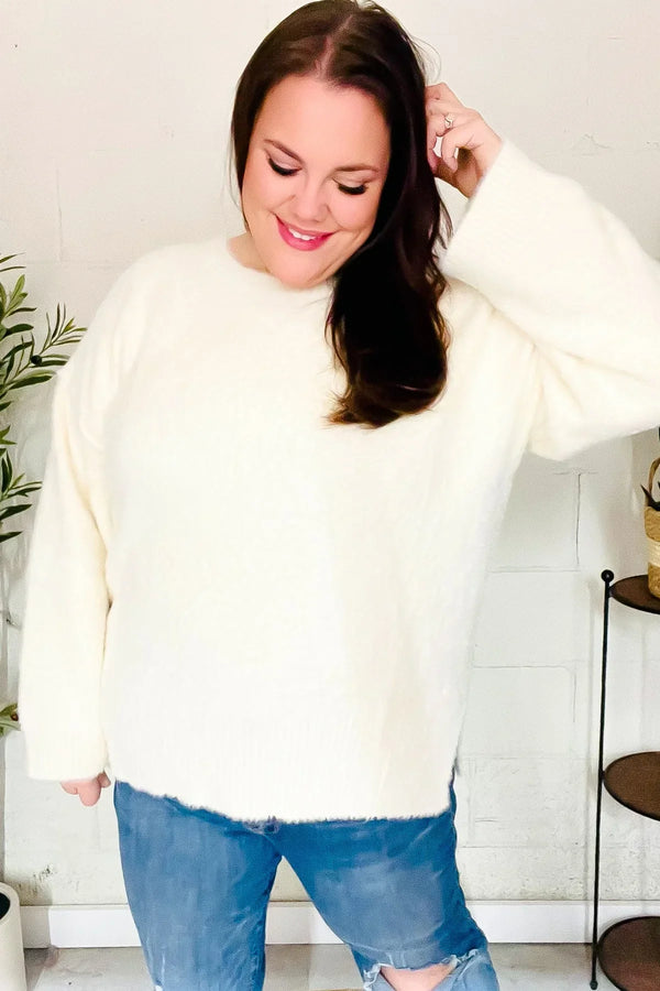 Classic Elegance Ivory Fuzzy Soft Knit Sweater - Coeur de la Mode