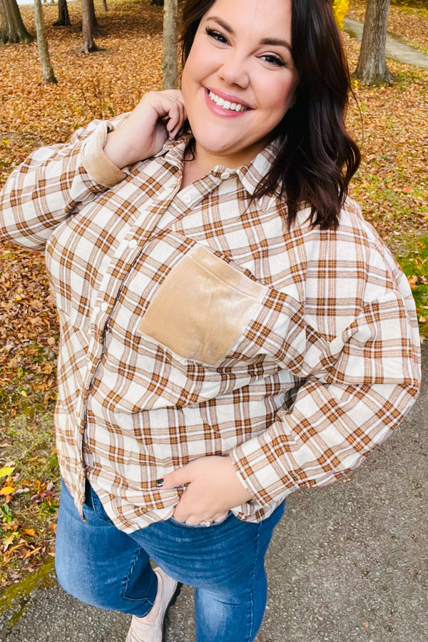 Taupe Plaid Velvet Pocket Button Down Top - Coeur de la Mode