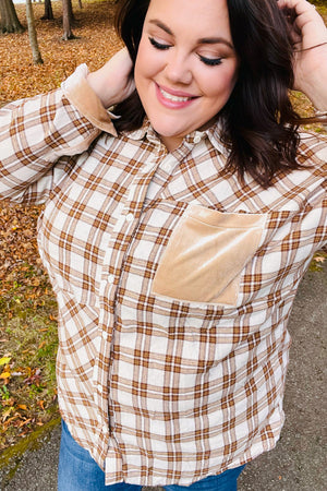 Taupe Plaid Velvet Pocket Button Down Top - Coeur de la Mode