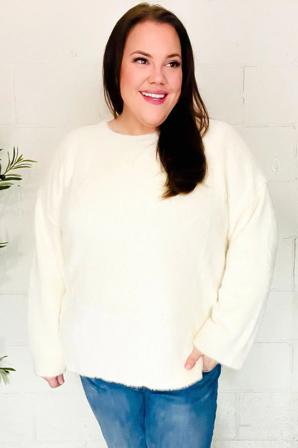 Classic Elegance Ivory Fuzzy Soft Knit Sweater - Coeur de la Mode