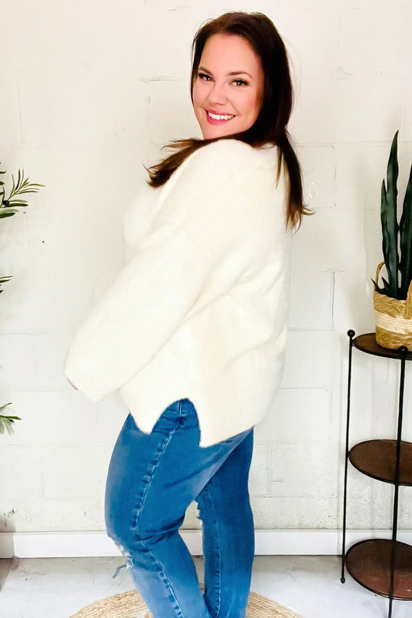 Classic Elegance Ivory Fuzzy Soft Knit Sweater - Coeur de la Mode
