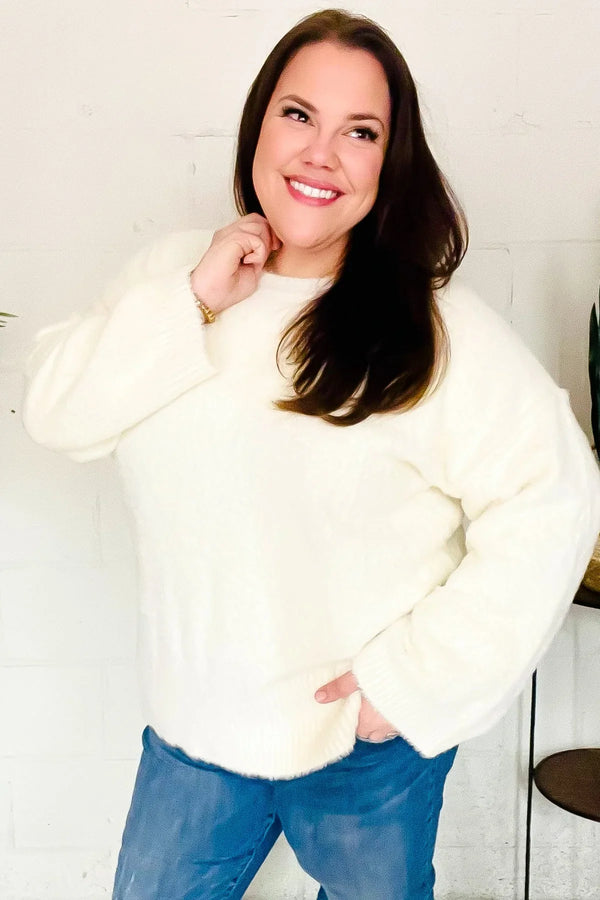 Classic Elegance Ivory Fuzzy Soft Knit Sweater - Coeur de la Mode