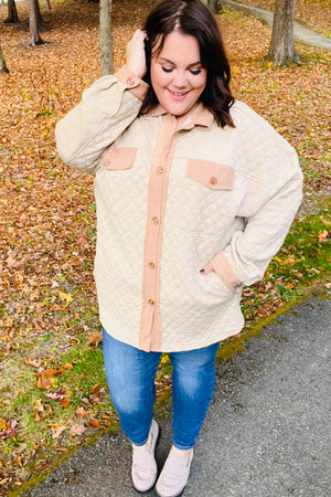 Eyes On You Taupe Quilted Knit Button Down Shacket - Coeur de la Mode