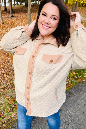 Eyes On You Taupe Quilted Knit Button Down Shacket - Coeur de la Mode