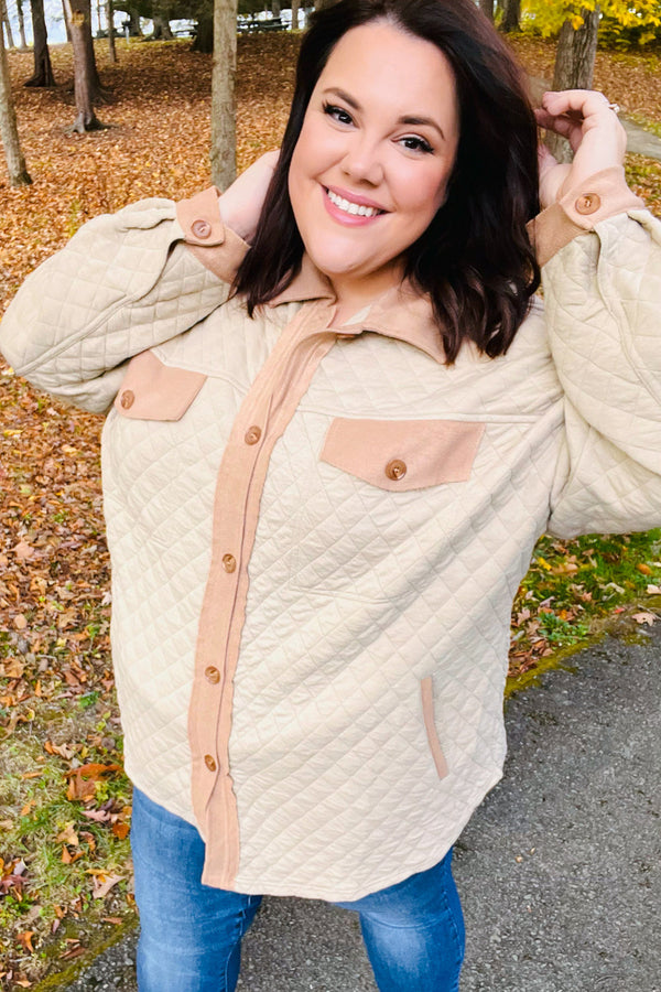Eyes On You Taupe Quilted Knit Button Down Shacket - Coeur de la Mode