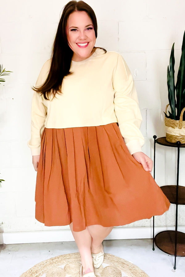 Bedazzled Cream & Rust Pleated Skirt French Terry Cotton Dress - Coeur de la Mode