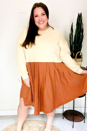Bedazzled Cream & Rust Pleated Skirt French Terry Cotton Dress - Coeur de la Mode