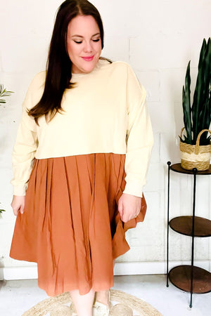Bedazzled Cream & Rust Pleated Skirt French Terry Cotton Dress - Coeur de la Mode