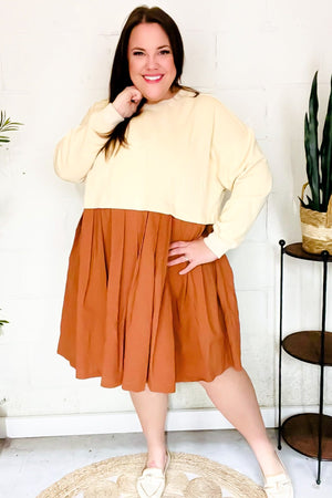 Bedazzled Cream & Rust Pleated Skirt French Terry Cotton Dress - Coeur de la Mode
