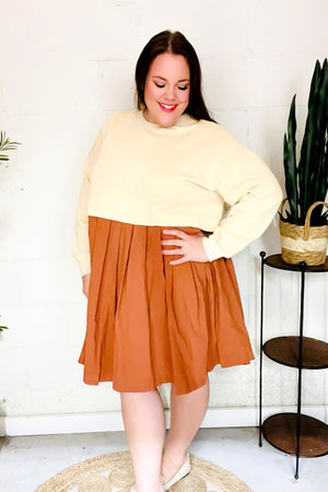 Bedazzled Cream & Rust Pleated Skirt French Terry Cotton Dress - Coeur de la Mode
