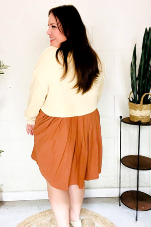 Bedazzled Cream & Rust Pleated Skirt French Terry Cotton Dress - Coeur de la Mode