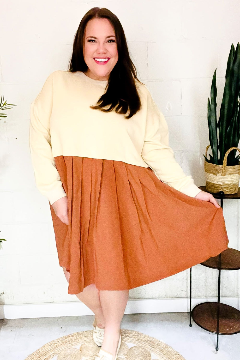 Bedazzled Cream & Rust Pleated Skirt French Terry Cotton Dress - Coeur de la Mode