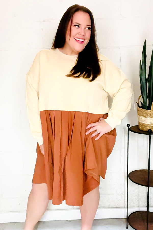 Bedazzled Cream & Rust Pleated Skirt French Terry Cotton Dress - Coeur de la Mode