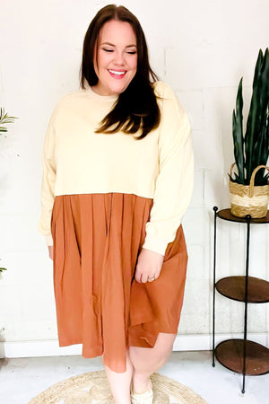 Bedazzled Cream & Rust Pleated Skirt French Terry Cotton Dress - Coeur de la Mode