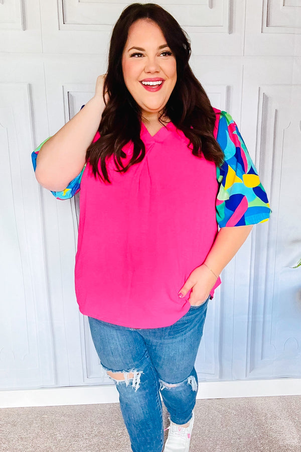Tell Your Story Fuchsia Geo Print Puff Sleeve V Neck Top - Coeur de la Mode