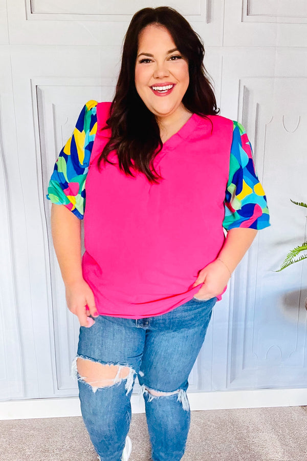 Tell Your Story Fuchsia Geo Print Puff Sleeve V Neck Top - Coeur de la Mode