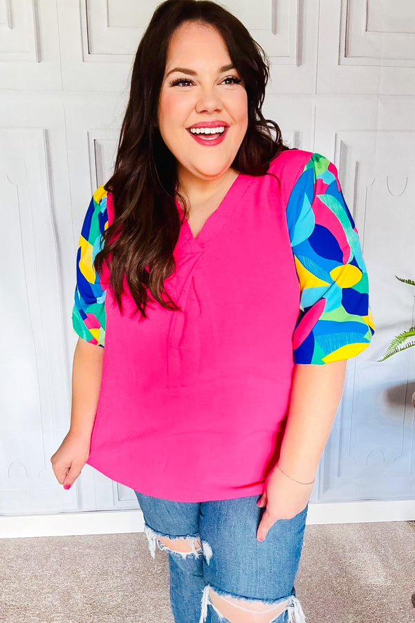 Tell Your Story Fuchsia Geo Print Puff Sleeve V Neck Top - Coeur de la Mode