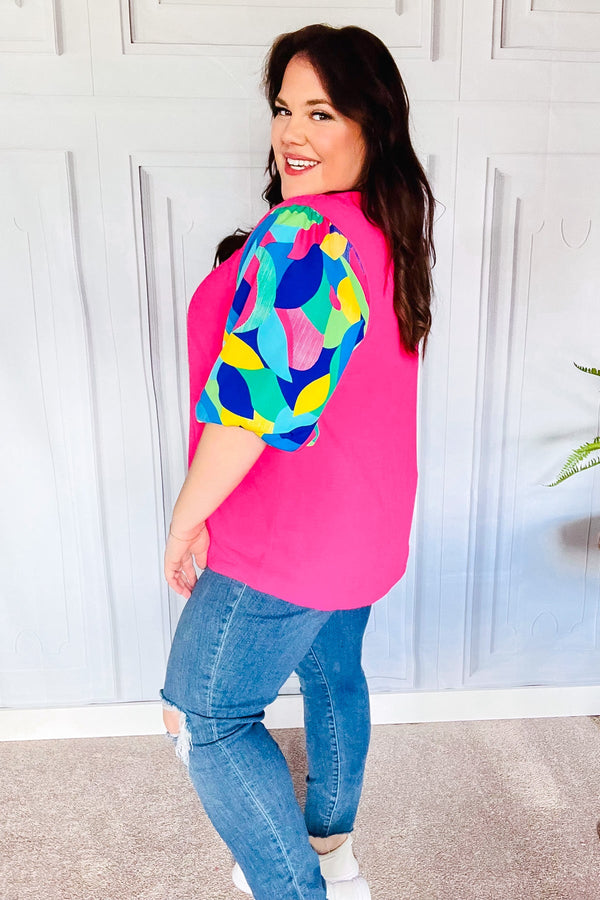 Tell Your Story Fuchsia Geo Print Puff Sleeve V Neck Top - Coeur de la Mode
