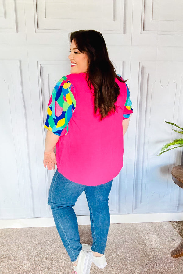 Tell Your Story Fuchsia Geo Print Puff Sleeve V Neck Top - Coeur de la Mode